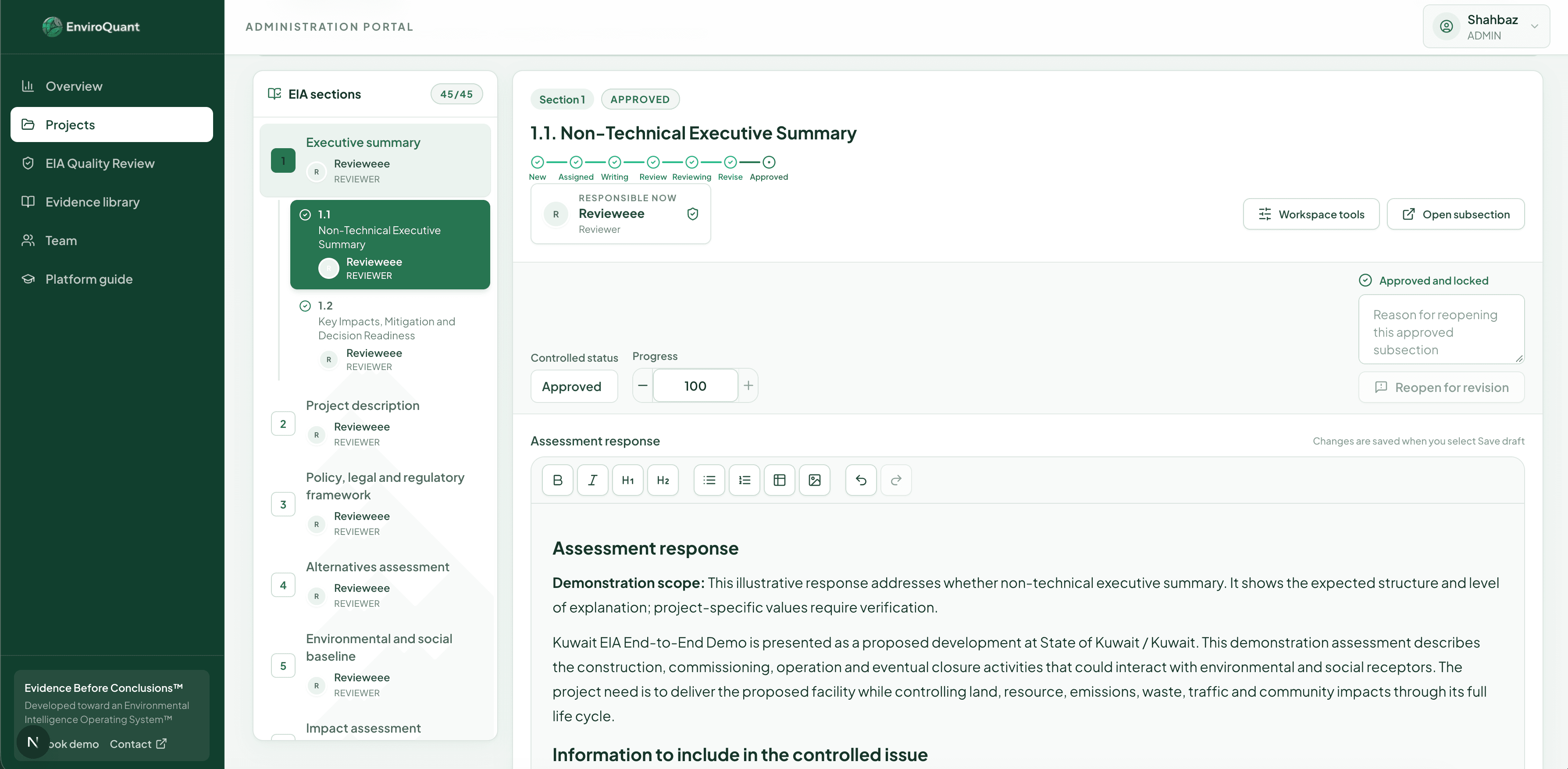 Evidence-led EIA Builder shown with fictional Kuwait demonstration data